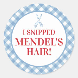 Blue Gingham Upsherin "Jag skär hans hår!" Fäst Runt Klistermärke