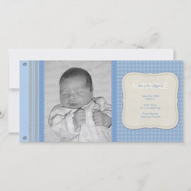 Blue Gingham Vintage Birth Notice Meddelande (Framsida)