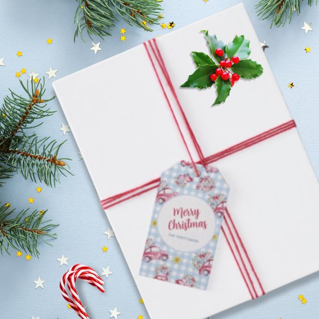 Blue Gingham Vintage Red jul Cars Presentetikett (Skapare uppladdad)