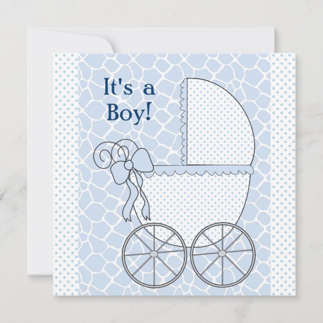 Blue Giraffe Baby Carriage Pojke Shower Inbjudningar (Framsida)