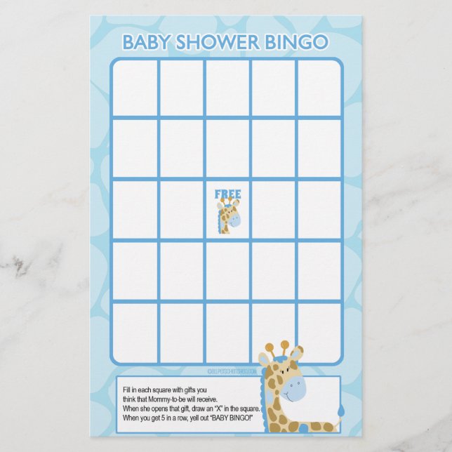 Blue Giraffe Baby Shower Bingo Game (Framsida)
