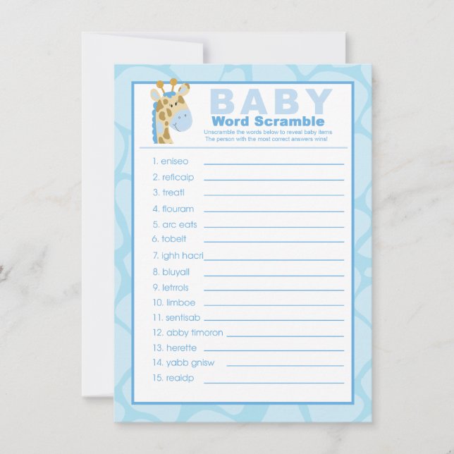 Blue Giraffe Baby Shower Ord Scramble Game (Framsida)