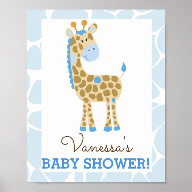 Blue Giraffe Baby Shower-skylt Poster (Framsidan)