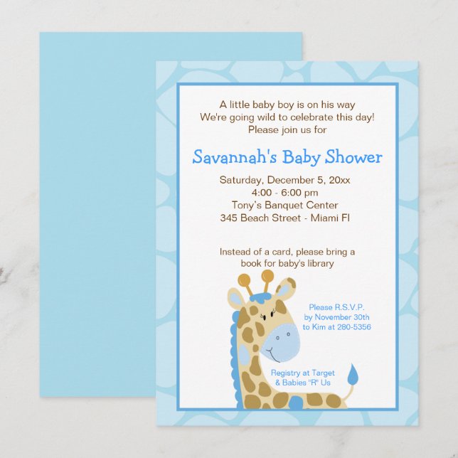 Blue Giraffe Boy Baby Shower-inbjudan Inbjudningar (Fram/baksida)