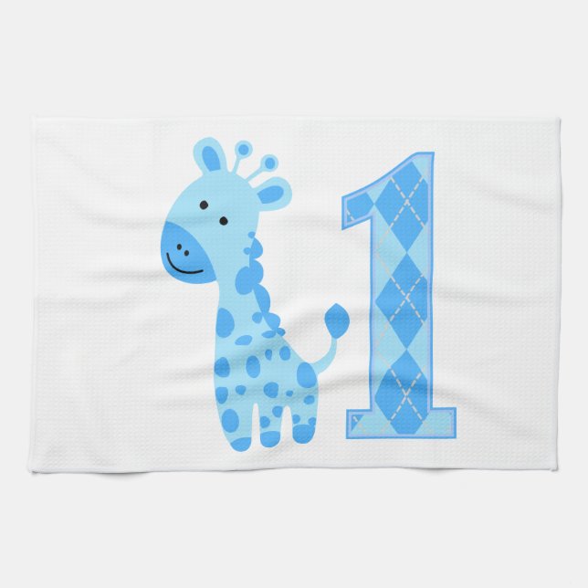 Blue Giraffe First Birthday Kökshandduk (Horisontell)