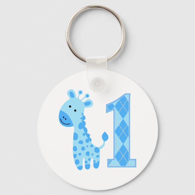 Blue Giraffe First Birthday Nyckelring (Framsida)