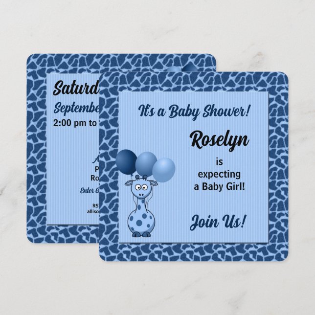 Blue Giraffe for Boys Baby Shower Inbjudningar (Fram/baksida)