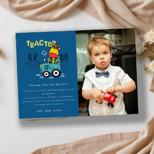 Blue Giraffe in Farm Tractor Boys Photo Birthday Tack Kort