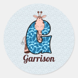 Blue Giraffe Monogrammed Brev G med Namn Runt Klistermärke