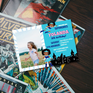 Blue Girls Superhjälte Barns födelsedag Inbjudningar