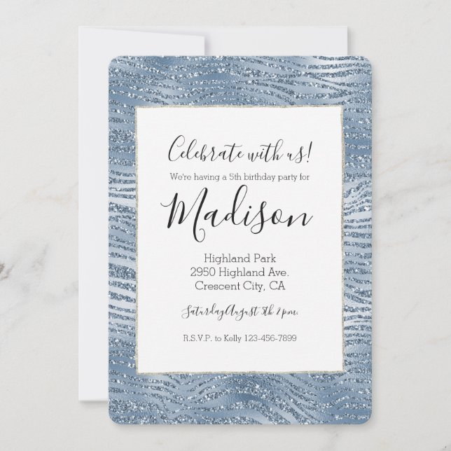 Blue Glam Glitter Zebra tryck Inbjudningar (Framsida)