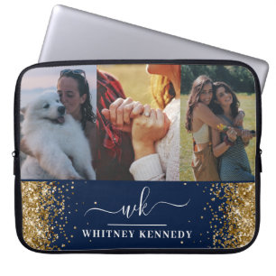 Blue Glam Guld Glitter 3 Photo Collage Monogrammed Laptop Fodral