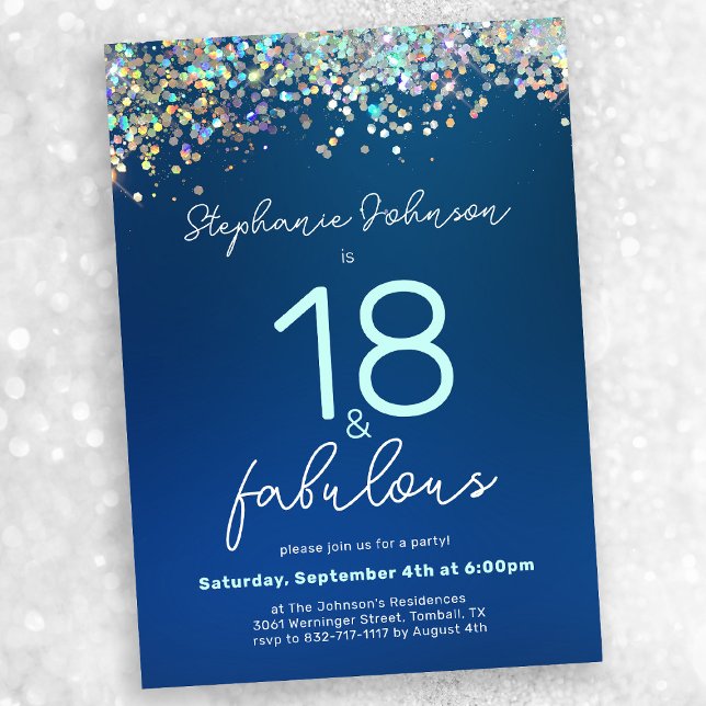 Blue Glitter 18 och Fabulous 18:e Födelsedagsfeste Inbjudningar (Mock-up view)