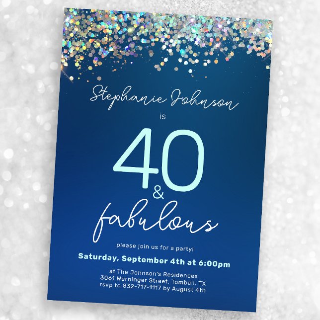 Blue Glitter 40 och Fabulous 40:e födelsedagen Par Inbjudningar (Mock-up view)