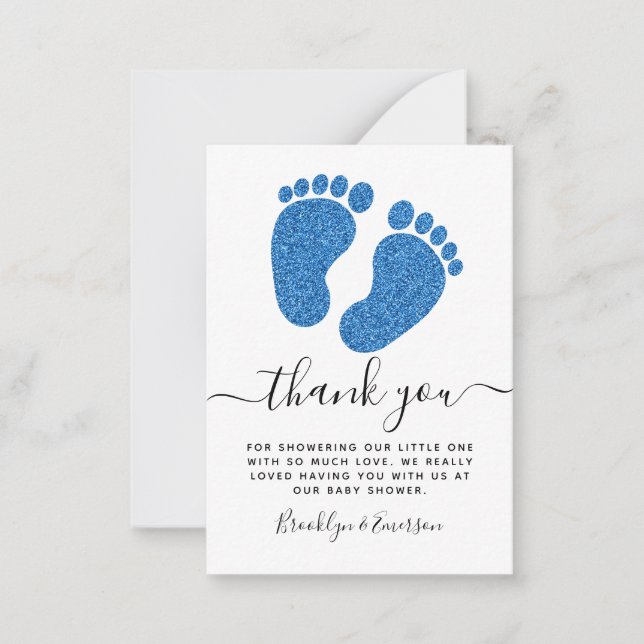 Blue Glitter Baby Feet Baby Shower Tackkort Anteckningskort (Framsida)