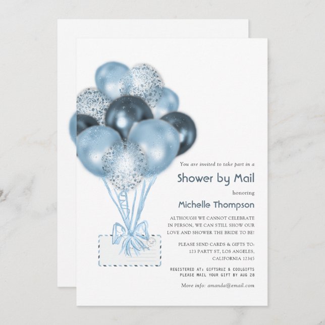 Blue Glitter Balloon Boy Shower by Mail Inbjudningar (Fram/baksida)
