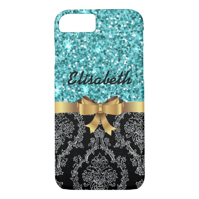 Blue GLITTER BLACK DAMASK GOLDEN BOW MONOGRAM Case-Mate iPhone Skal (Baksida)