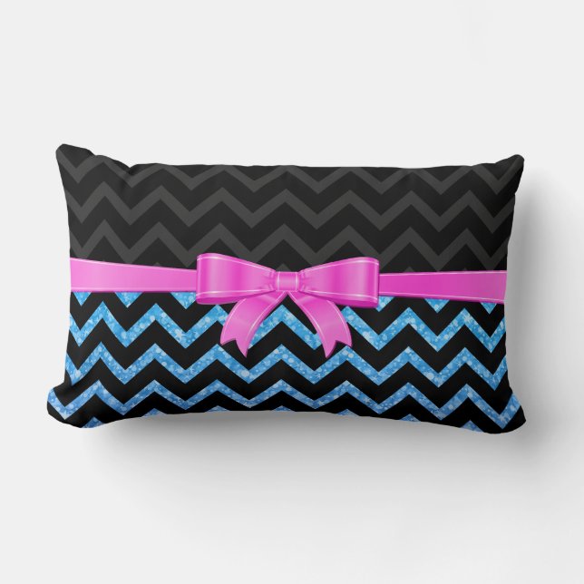 Blue Glitter Black Zigzag Chevron Mönster Lumbarkudde (Framsida)