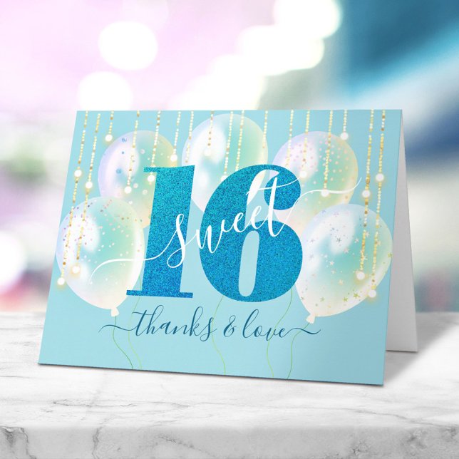 Blue Glitter Bold Girly Sweet 16 Birthday Balloon Tack Kort (Skapare uppladdad)