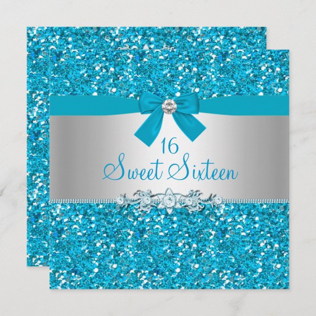 Blue Glitter Bow Sweet sixteen Inbjudan (Fram/baksida)