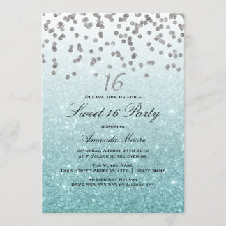 Blue Glitter Confetti Sweet 16-inbjudan Inbjudningar