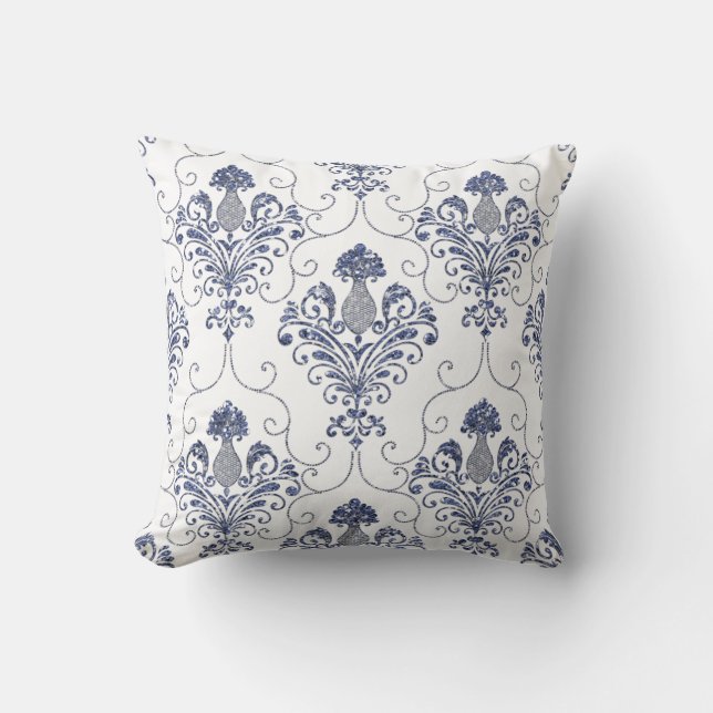 Blue Glitter Damask Reversible Dekorativ kudde (Framsida)