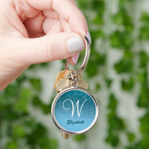 Blue Glitter Diamond Sparkles Monogram Silver Rund Silverfärgad Nyckelring
