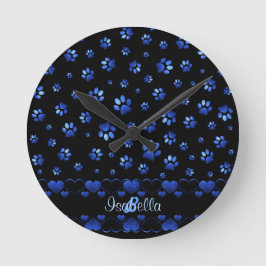 Blue glitter dog paw pattern, Monogram Rund Klocka