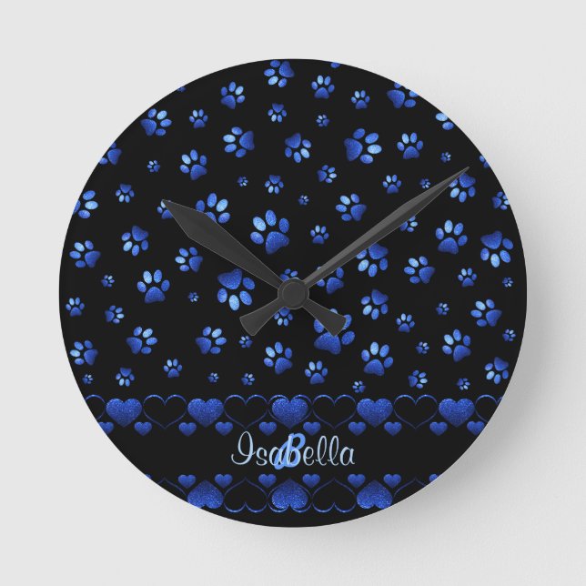 Blue glitter dog paw pattern, Monogram  Rund Klocka (Framsida)