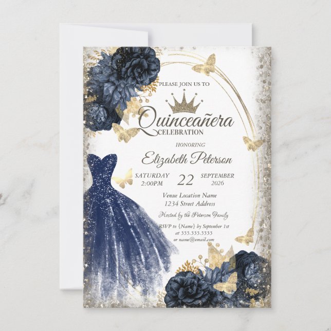 Blue Glitter Dress,Roses,Butterflies Quinceañera Inbjudningar (Framsida)