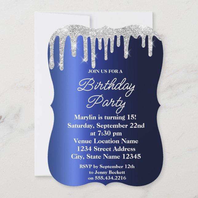 BLUE GLITTER DRIP ELEGANT BIRTHDAY-INBJUDAN INBJUDNINGAR (Framsida)