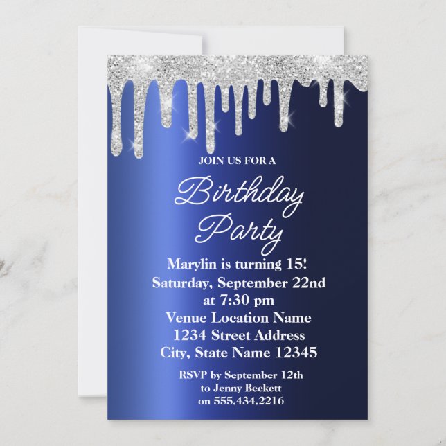 BLUE GLITTER DRIP ELEGANT BIRTHDAY INBJUDNINGAR (Framsida)