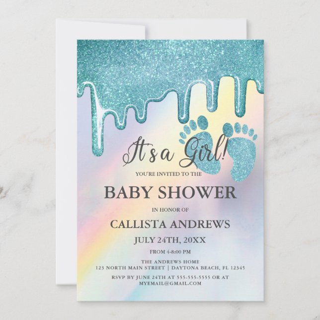 Blue Glitter Drives Rainbow HoloGraph Baby Shower Inbjudningar (Framsida)