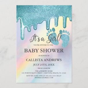 Blue Glitter Drives Rainbow HoloGraph Baby Shower Inbjudningar