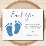Blue Glitter Feet Baby Shower Tack Vykort<br><div class="desc">Det här babyvisaren - tack. Ditt kort är dekorerat med modern typografi och söt blå glitter baby fötter. Anpassade enkelt med ditt eget budskap. Använda alternativet Anpassa ytterligare om du vill ändra texten storlekt, stil eller färg om du vill. Eftersom vi skapar vår egen teckning kommer du inte att hitta...</div>