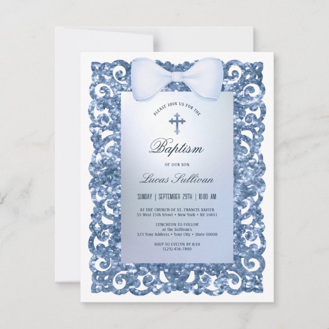 Blue Glitter Frame Bow Baptism Inbjudningar (Framsida)