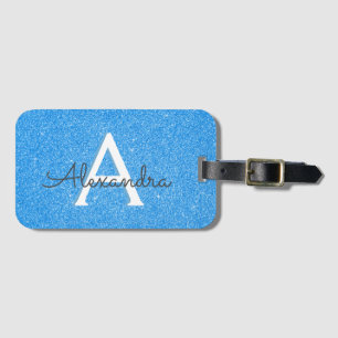 Blue Glitter Gnistra Monogram Namn och Initial Bagagebricka