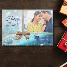 Blue Glitter Guld Bow Diwali Photo Hälsning Julkort
