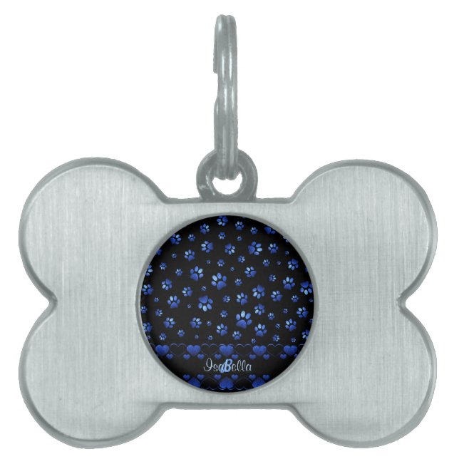 Blue glitter hund tass mönster, Monogram ID-bricka Husdjur (Framsidan)