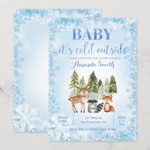 Blue Glitter Kall Utsidan Woodland Baby Shower Inbjudningar