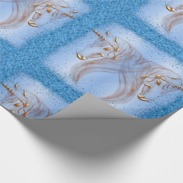 Blue Glitter och Golden Unicorns Birthday Presentpapper (Hörn)