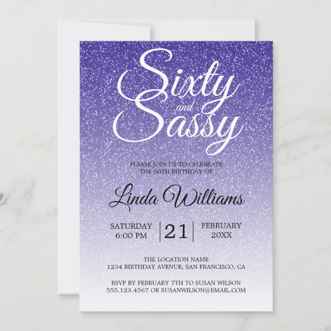 Blue Glitter Ombre 60 och Sassy 60 Birthday Inbjudningar (Framsida)