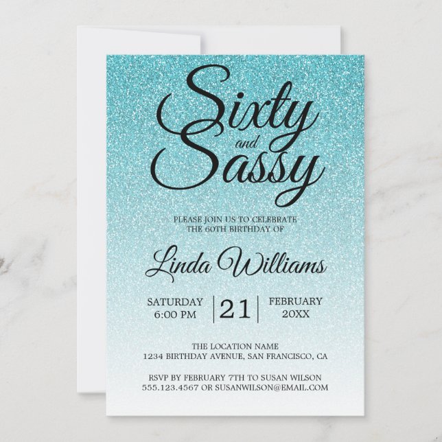 Blue Glitter Ombre 60 och Sassy 60 Birthday Inbjudningar (Framsida)