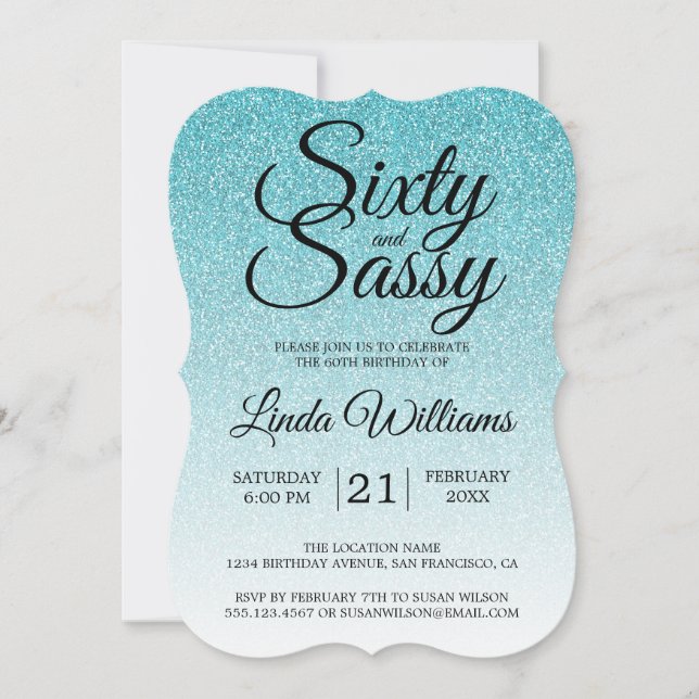 Blue Glitter Ombre 60 och Sassy 60 Birthday Invi Inbjudningar (Framsida)