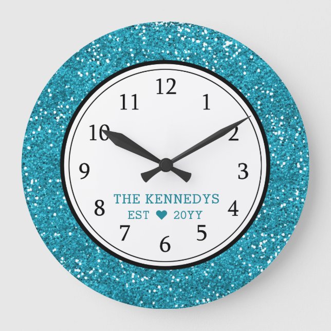 Blue Glitter Personlig Family Stor Klocka (Framsida)