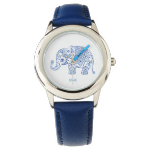 Blue Glitter Print Paisley Elephant Illustration Armbandsur