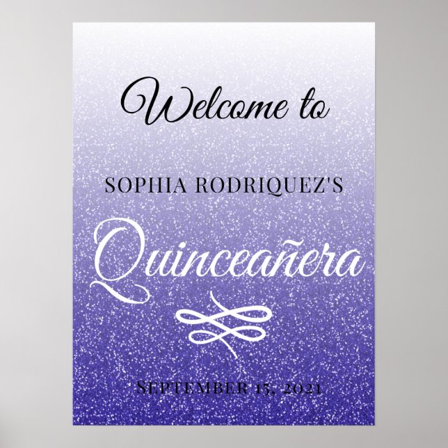 Blue Glitter Quinceañera 15:e födelsedag Välkommen Poster (Framsidan)