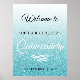 Blue Glitter Quinceañera 15:e födelsedag Välkommen Poster