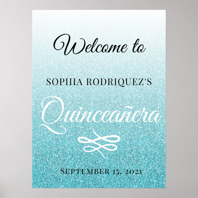 Blue Glitter Quinceañera 15:e födelsedag Välkommen Poster (Framsidan)