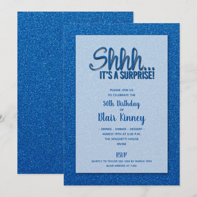 Blue Glitter SURPRISE Birthday Inbjudningar (Fram/baksida)